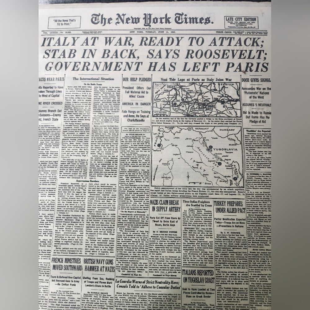 The New York Times June 11, 1940 Italy at War, Ready to Attack on Cardboard